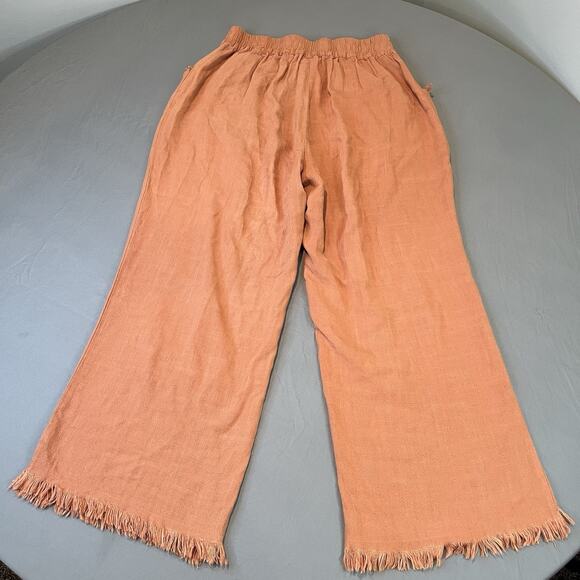 Umgee Small Orange Wide Leg Linen Blend Elastic Waist Freyed Hem Pants Pockets - Picture 2 of 9